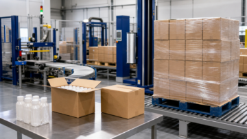 Diferentes niveles de embalaje industrial con producto individual, caja y palet preparado para transporte