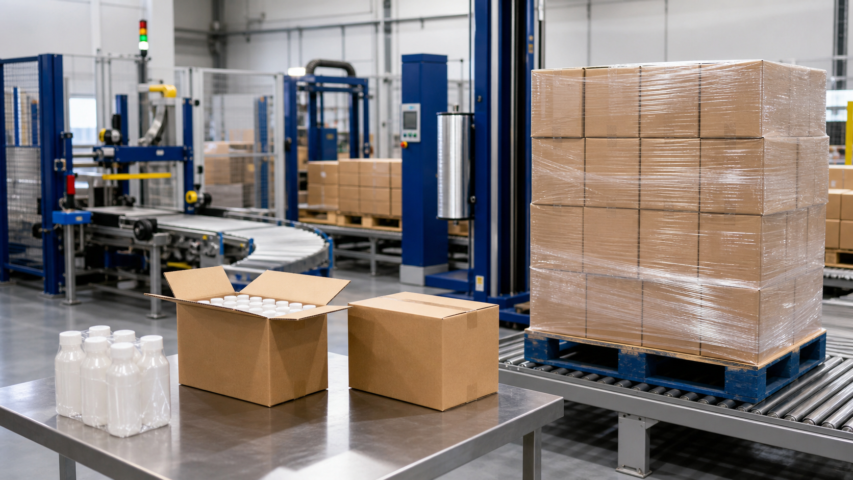 Diferentes niveles de embalaje industrial con producto individual, caja y palet preparado para transporte