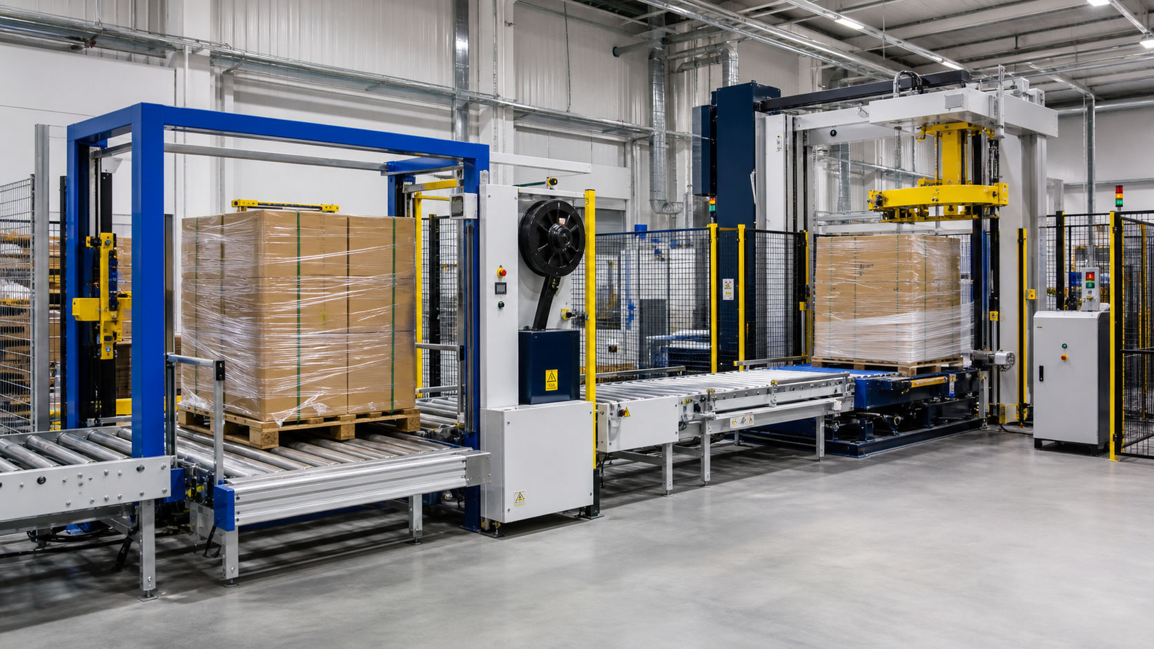 Línea automatizada de embalaje final con conveyors, enfardado y flejado de palets