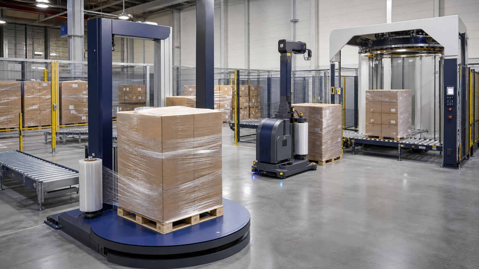 Distintos tipos de enfardadoras de palets trabajando en una línea industrial de packaging